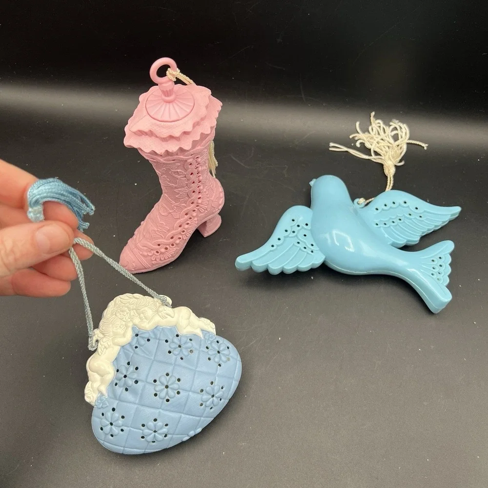 3 Avon Closet Pomander Potpourri FRILLY BOOT, Blue Bird Bag with Cherubs 70s VTG
